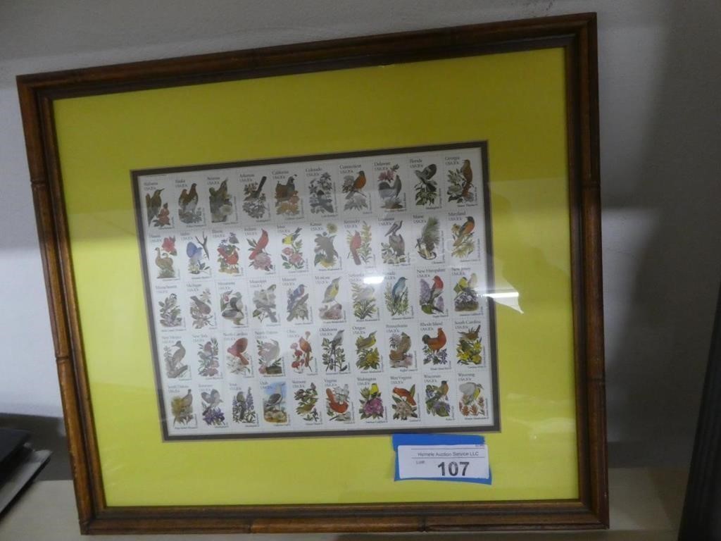 Framed sheet of 50 US state stamps - bird or flowe
