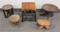 5 vintage African stools - one with hide