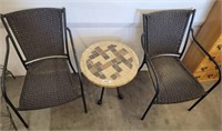 TILE TOP SIDE TABLE, 2 METAL/WOVEN CHAIRS