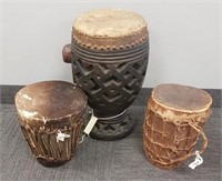 3 African tribal wooden drums 21" tallest