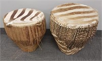 2 African tribal wooden drums w/ hide