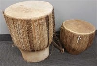 2 African tribal wooden drums w/ hide covering