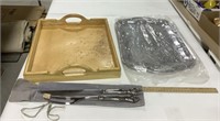 2 serving trays w/ carving utensils - wood,metal,