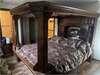 Queen bed frame w mirror, storage, & bedspread