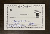 1: $20 Gift Certificate Castle Restaurant