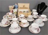 Group of bone china cups & saucers, head vase,