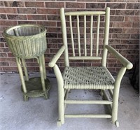 Maple wood rocking chair and tall basket
