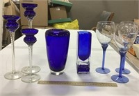 Blue glassware lot-vases, stemware, candle holders