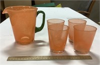 Handblown Orange glass pitcher & 4 glass cups
