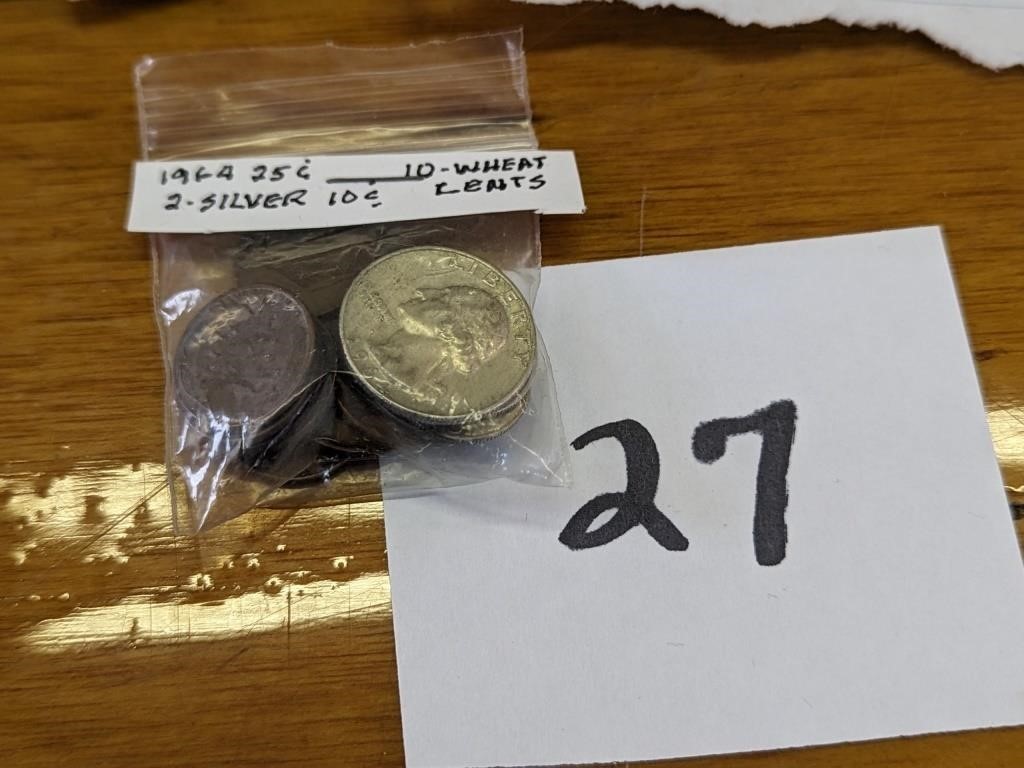 10 Wheat Pennies & 2 Silver Quarters