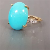 18K gold ring set with cabochon turquoise & tiny
