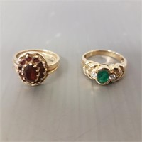 2 tested 14K gold rings set with garnets, diamonds