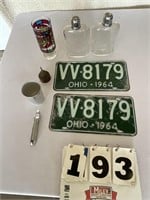 1964 license plates, oil can, Schlitz glass