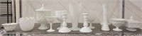GROUP OF MILK GLASS VASES AND CANDLE STANDS