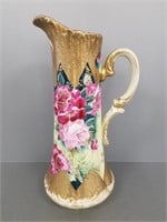 Antique hand decorated floral & gilt pitcher 15"