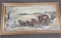 Lund signed oil painting - Wells Fargo stage coach