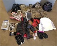 Group of watches, bags, clothes, flashlights,