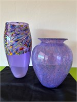 Large Blown Glass Purple Vase + Crackle Style Vase