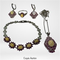 Sterling Silver Opal & Ruby Jewelry Set