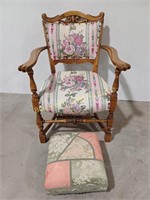 Floral Upholstered Claw Arm Chair & Footrest