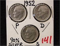 1952 P, S, & D ROOSEVELT SILVER DIMES