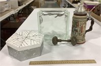 Glass block , stein, door handle, & Christmas box