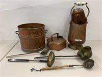 Group vintage copper vessels, ladles, lion motif,