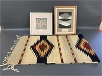 Southwest sand painting, small framed rug & a