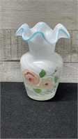Vintage Fenton Aqua Crest Ruffle Pink Floral Vase