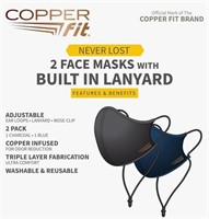 2 Copper Fit Unisex Never Lost Face Masks  2 packs