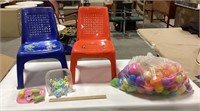 2-Plastic children chairs w/ plastic eggs & toys