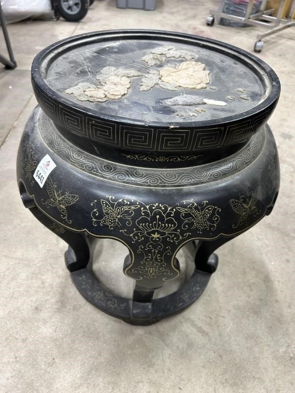 Black Lacquer Round Side Table Birds