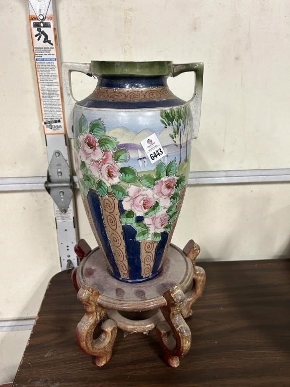 Large Handpainted Nippon Vase with stand