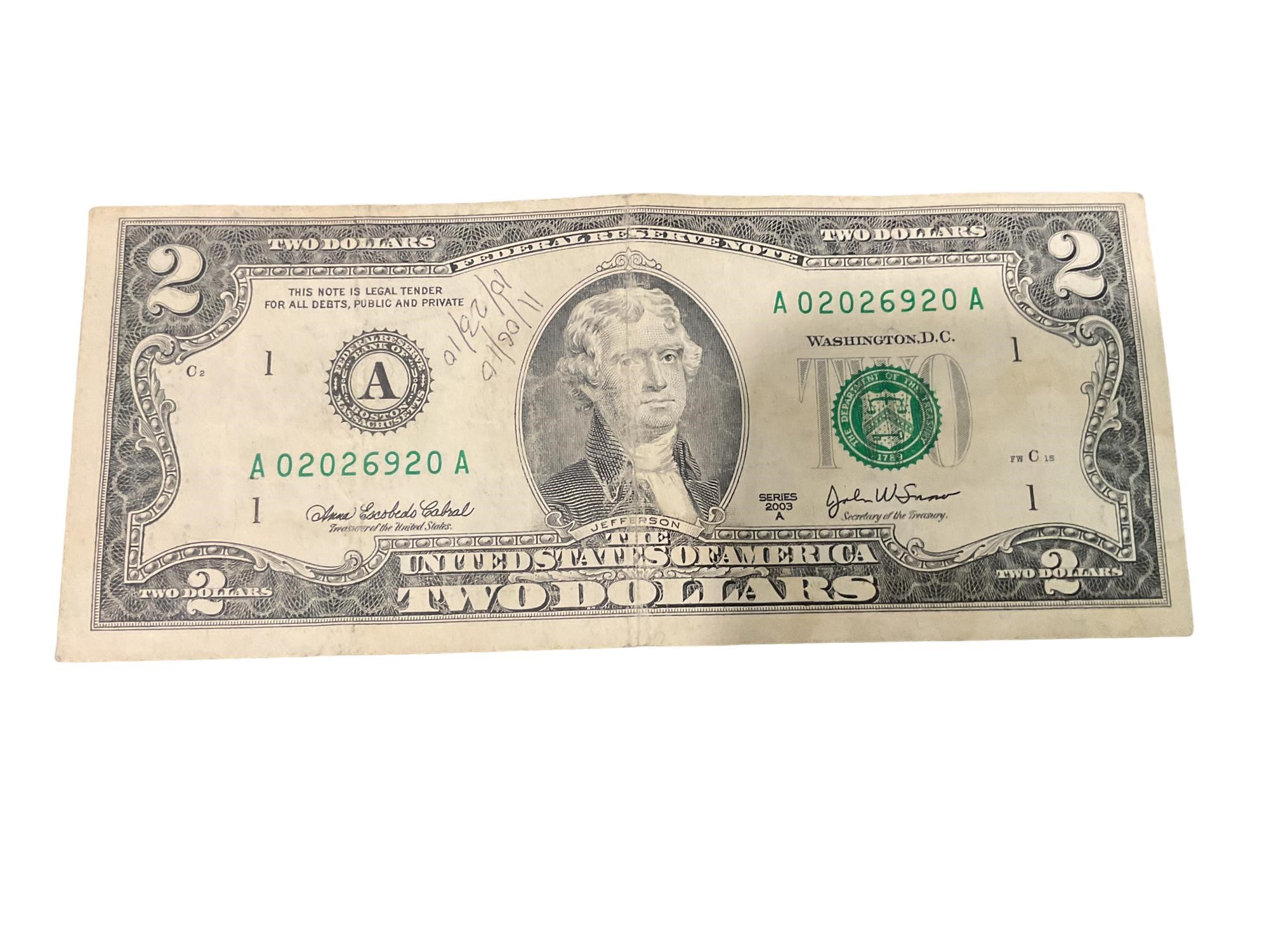 2003 Series A $2 Bill w/ Unique Serial Number