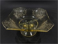 Etched Yellow Depression Glass Pedestal Bowl
