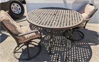 ROUND METAL PATIO TABLE, 2 SWIVEL CHAIRS