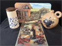 Country Theme Cutting Board & Pottery Jugs