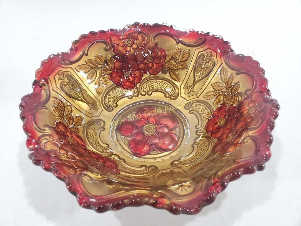 Antique Goofus Red & Gold Floral Bowl