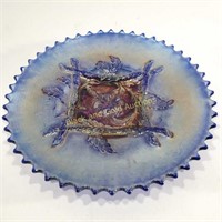 VTG Blue Carnival Glass Floral Pattern Plate