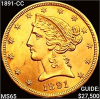 1891-CC $5 Gold Half Eagle GEM BU