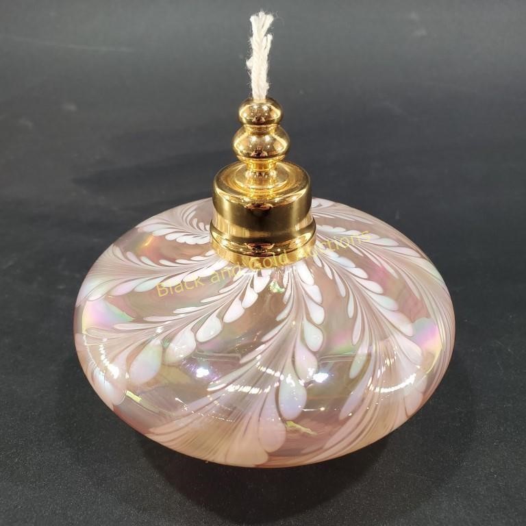VTG Silvestri Pink Iridescent Blown Glass Oil Lamp