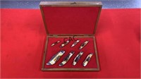 Case XX Stag Blue Scroll 8 Knife Set w/Wood Box