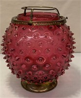 Cranberry Hobnail Glass And Brass Lamp Shade
