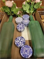VASES, BLUE AND WHITE TEA CANDLES