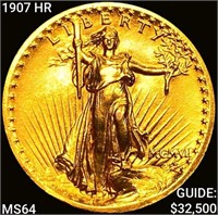 1907 HR $20 Gold Double Eagle NICELY CIRCULATED+