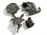 4 Art Nouveau Style Sterling Silver Pins