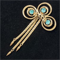 1950s Turquoise Blue Rhinestone Pin w/Chain Accent