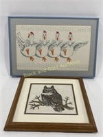 Framed Hand Stitched Owl & Hens Artworks