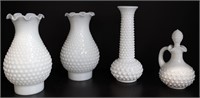 VTG Hobnail Milk Glass Hurricane, Vase & Decanter