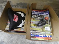 2 boxes Model Railroader magazines and hat